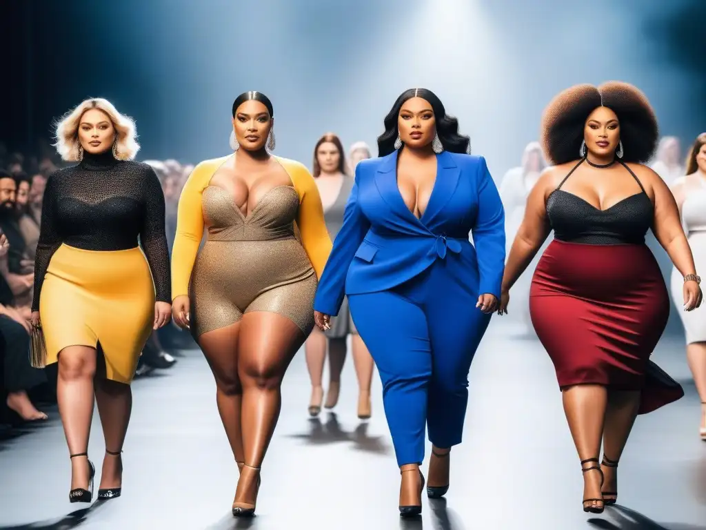 Desfile de moda plussize: empoderamiento y diversidad Desfile de modelos de tallas grandes mostrando moda inclusiva con confianza y estilo