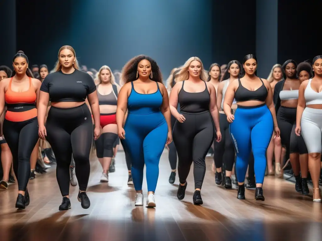Desfile de moda inclusiva: modelos curvy lucen sportswear empoderador Desfile de modelos de tallas grandes luciendo moda deportiva inclusiva en una pasarela