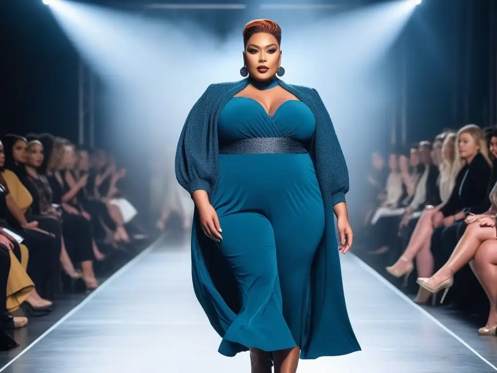 Desfile de moda con modelos plus size seguras y empoderadas Desfile de modelos de tallas grandes inclusivas desfilando con confianza en una pasarela moderna y brillante
