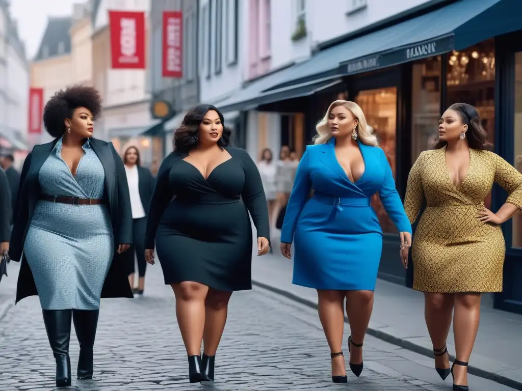 Desfile de moda plus size en la ciudad: empoderamiento y estilo Desfile de modelos tallas plus size en mercado moda, empoderadas y con estilo en ciudad vibrante