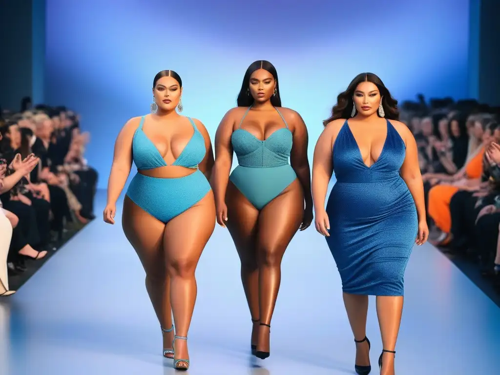 Desfile de moda plus size: empoderamiento y diversidad Desfile de modelos de tallas plus empoderadas y elegantes en un ambiente de inclusividad y celebración