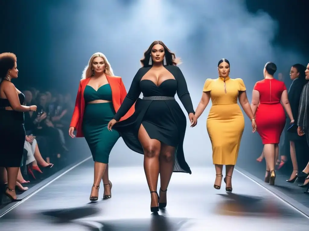Desfile de moda plus size 2023: modelos seguras y estilosas Desfile de modelos plus size con tendencias moda plus size 2023 en una pasarela brillante y moderna
