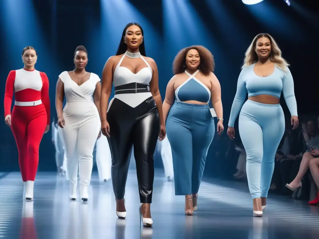 Desfile futurista de moda tecnológica inclusiva: empoderamiento femenino Desfile de mujeres diversas en pasarela futurista con moda inclusiva para todas las tallas