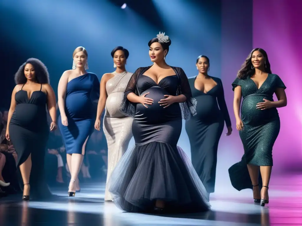 Desfile empoderado de moda premamá plussize diversa y trendy Desfile de mujeres embarazadas plus size seguras y empoderadas luciendo moda maternal diversa en una pasarela moderna y brillante