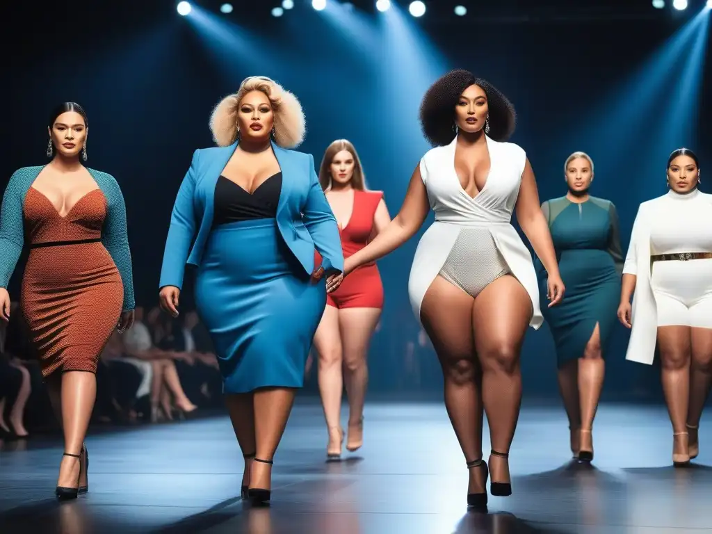 Desfile de moda: Mujeres plus size empoderadas y estilosas Desfile de moda plussize con mujeres poderosas y seguras rompiendo esquemas en la pasarela brillante