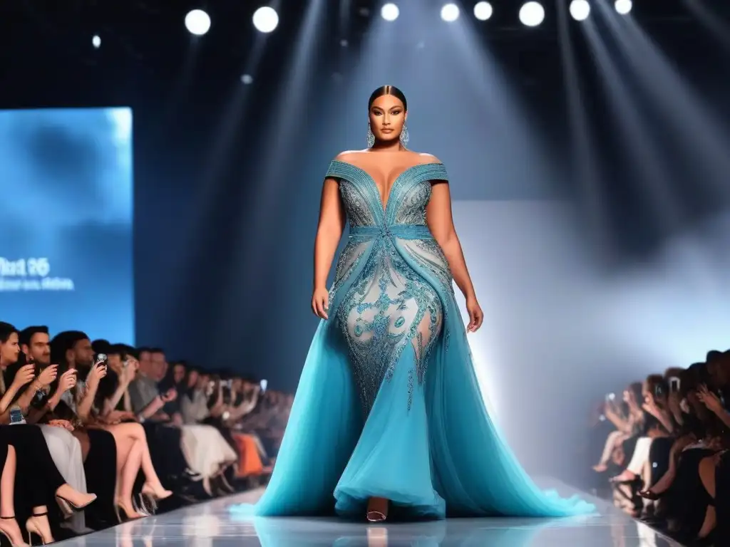 Desfile de moda inclusivo: elegancia y emoción en pasarela plus size Un desfile revolucionario de moda plus size en alta costura, con un vestido deslumbrante y un público admirado