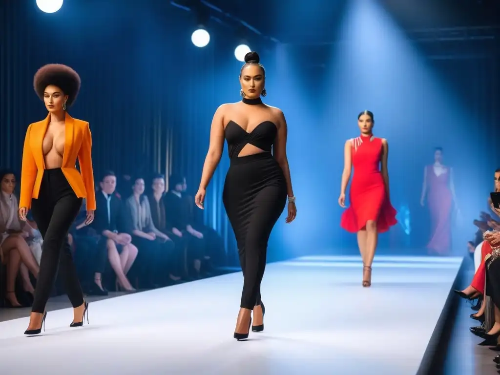 Diversidad y estilo: desfile inclusivo empoderador Un desfile revolucionario de moda inclusiva cambia el panorama, modelos diversos y elegantes desfilan con confianza en una pasarela iluminada