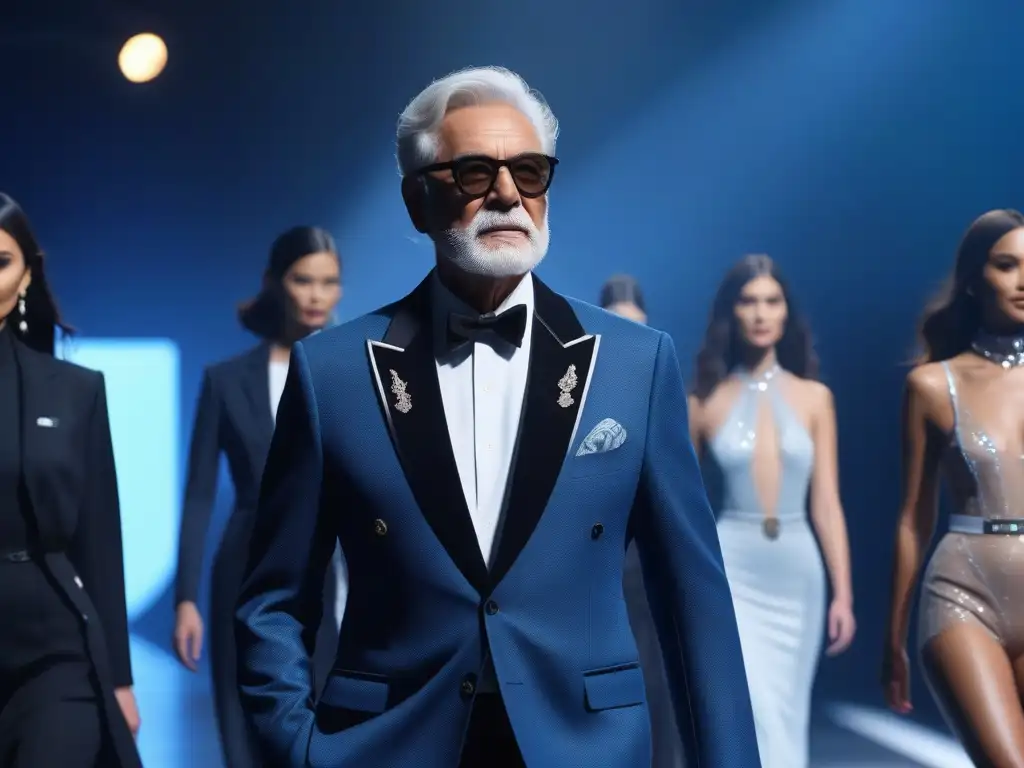 Desfile futurista de moda para seniors con tecnología de vanguardia Un desfile de moda senior innovador con tecnología inclusiva, donde modelos mayores lucen elegantes y sofisticados en una pasarela futurista