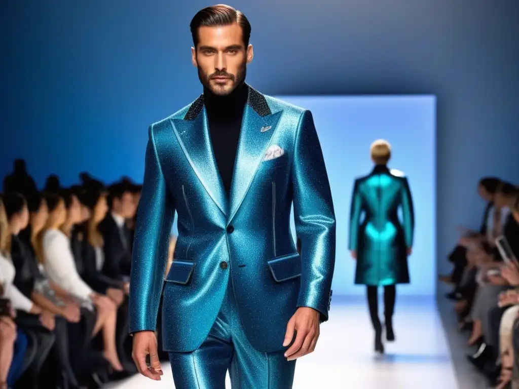 Desfile de moda innovadora: senior elegante en tela revolucionaria Un desfile de moda senior con tejidos futuristas y brillantes, capturando la innovación en la moda
