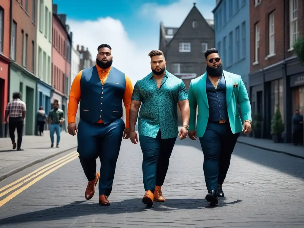 Moda plus size masculina: desfile urbano de estilo y diversidad Un desfile urbano de modelos plus size hombres, desafiando normas de la moda con estilo y confianza