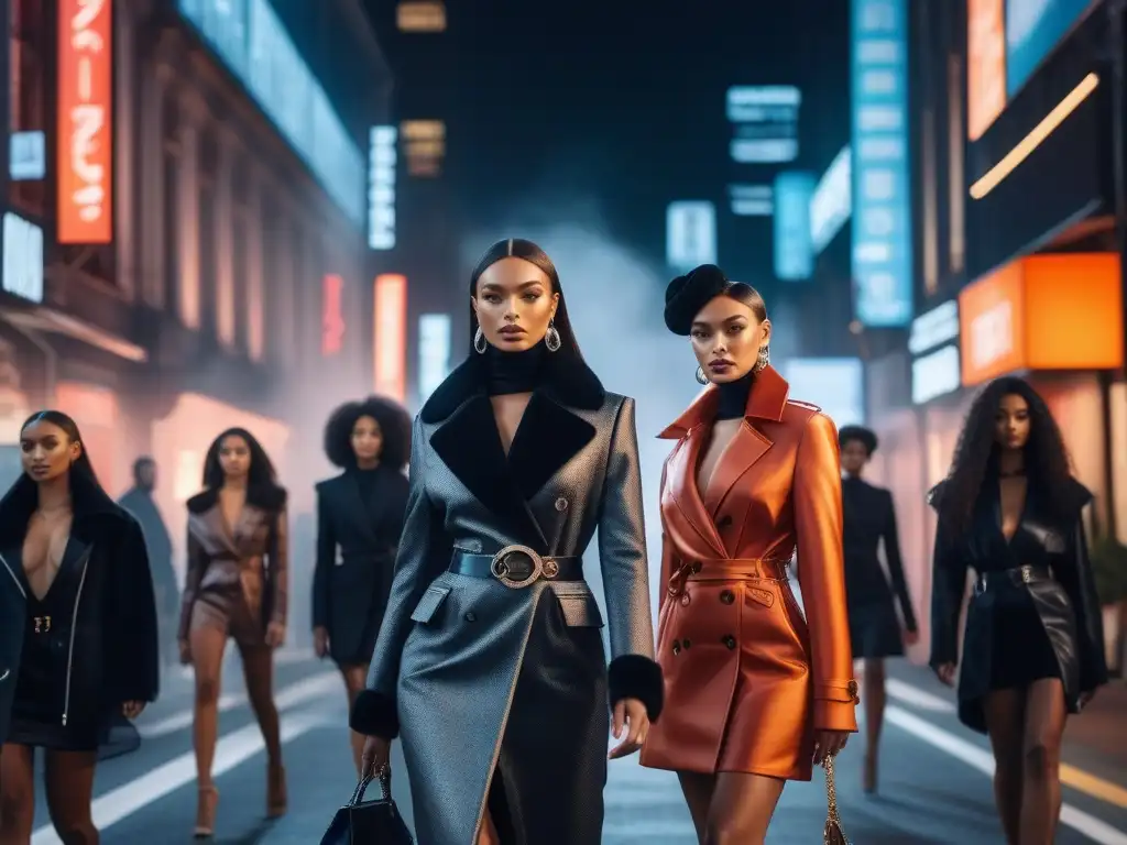 Desfile nocturno de moda petite: empoderamiento y estilo Un desfile urbano de modelos petite muestra moda inclusiva con estilo y confianza