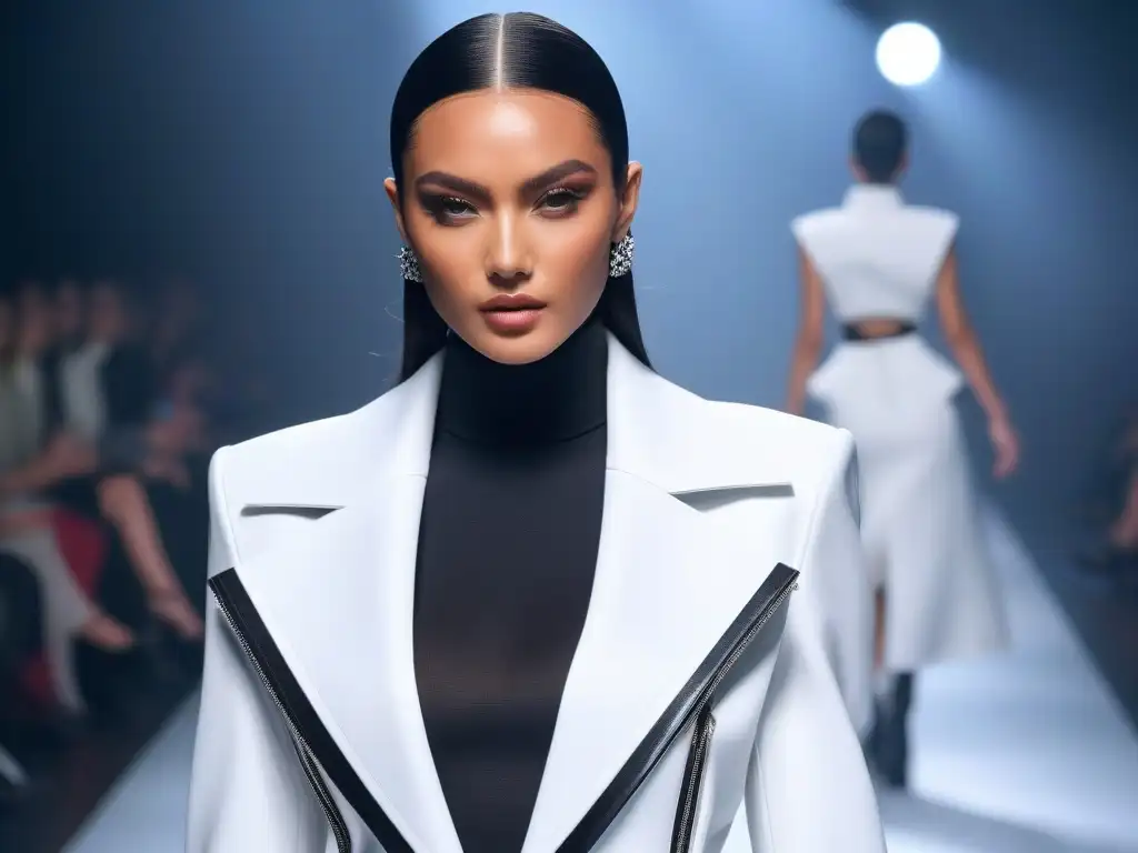 Diseños futuristas: modelos empoderadas desafían la moda convencional Un desfile vanguardista donde modelos desafían estereotipos con diseños únicos en una pasarela futurista