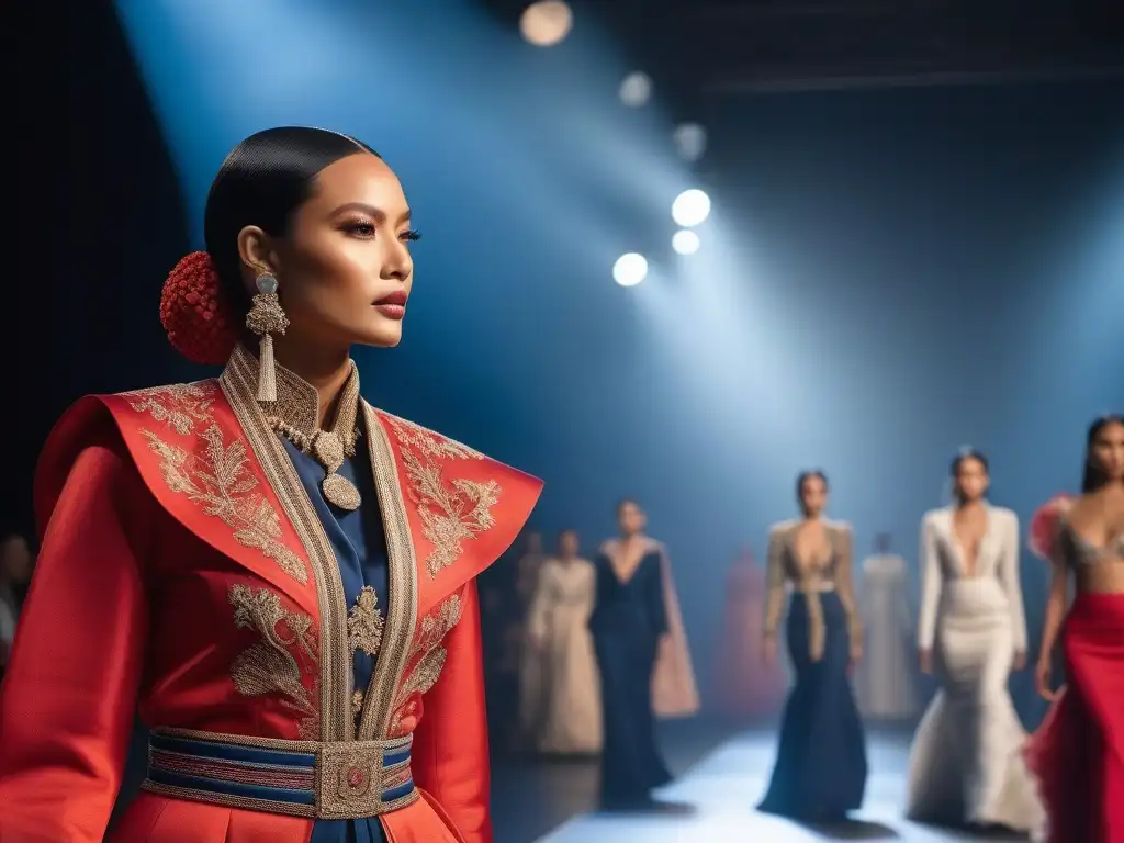 Desfile inclusivo: Moda mundial en un escenario vibrante Desfile vibrante y diverso, modelos de todas las etnias y tallas lucen diseños únicos fusionando moda y tradición