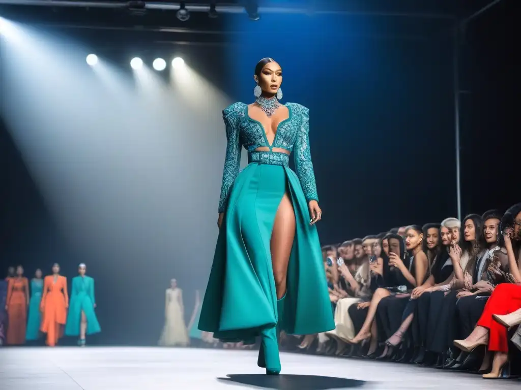 Desfile inclusivo y vibrante: moda avantgarde y diversidad trans Un desfile vibrante y diverso con modelos de diferentes géneros, etnias y cuerpos desfilando con confianza en diseños inclusivos y vanguardistas