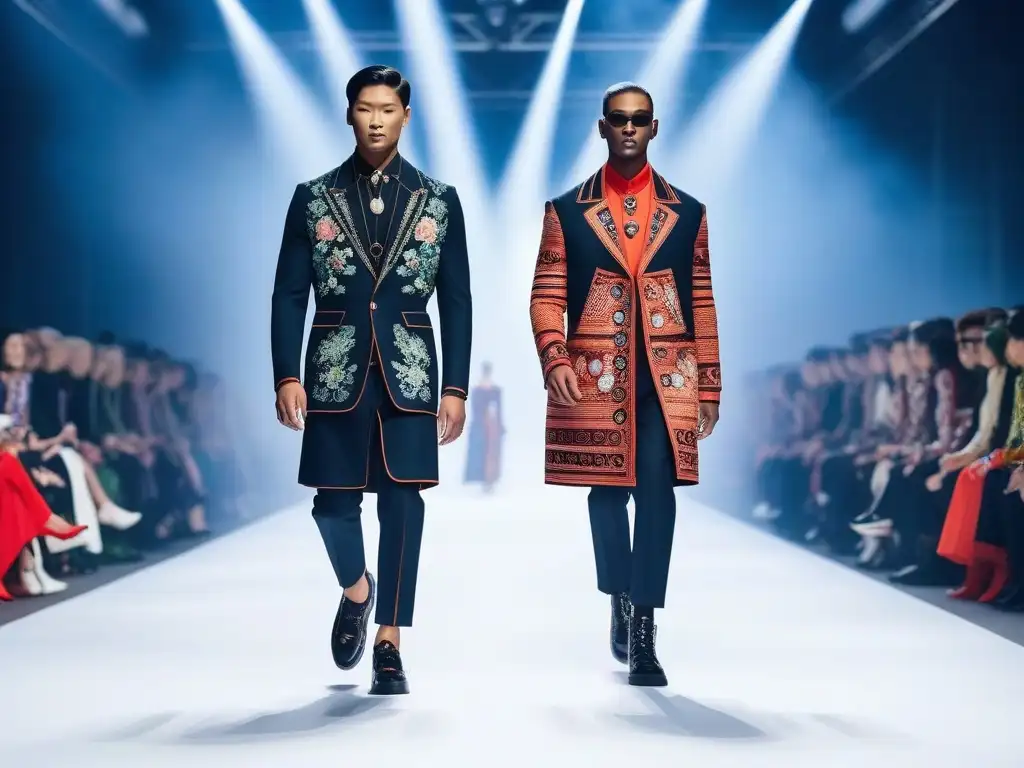 Desfile inclusivo de moda Kenzo: diversidad y estilo Un desfile vibrante y diverso de modelos de diferentes cuerpos y etnias, exhibiendo la última colección de moda inclusiva de Kenzo