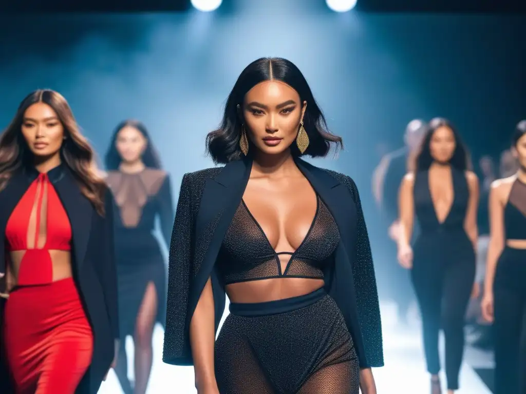 Desfile de moda inclusivo: modelos diversos en atuendos colaborativos Un desfile vibrante y diverso de modelos de moda de diversas etnias y tipos de cuerpo, luciendo atuendos inclusivos en una pasarela