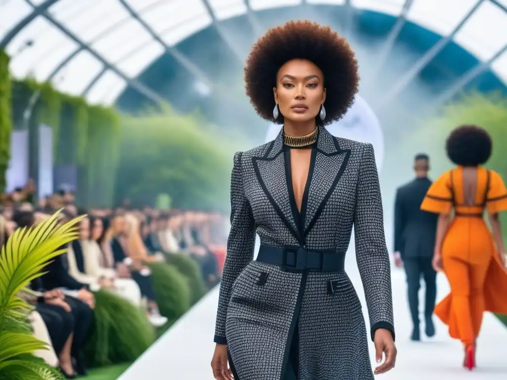 Desfile inclusivo y sostenible en arquitectura futurista Desfile vibrante y diverso con modelos de todas formas, tamaños y etnias en moda ecofriendly