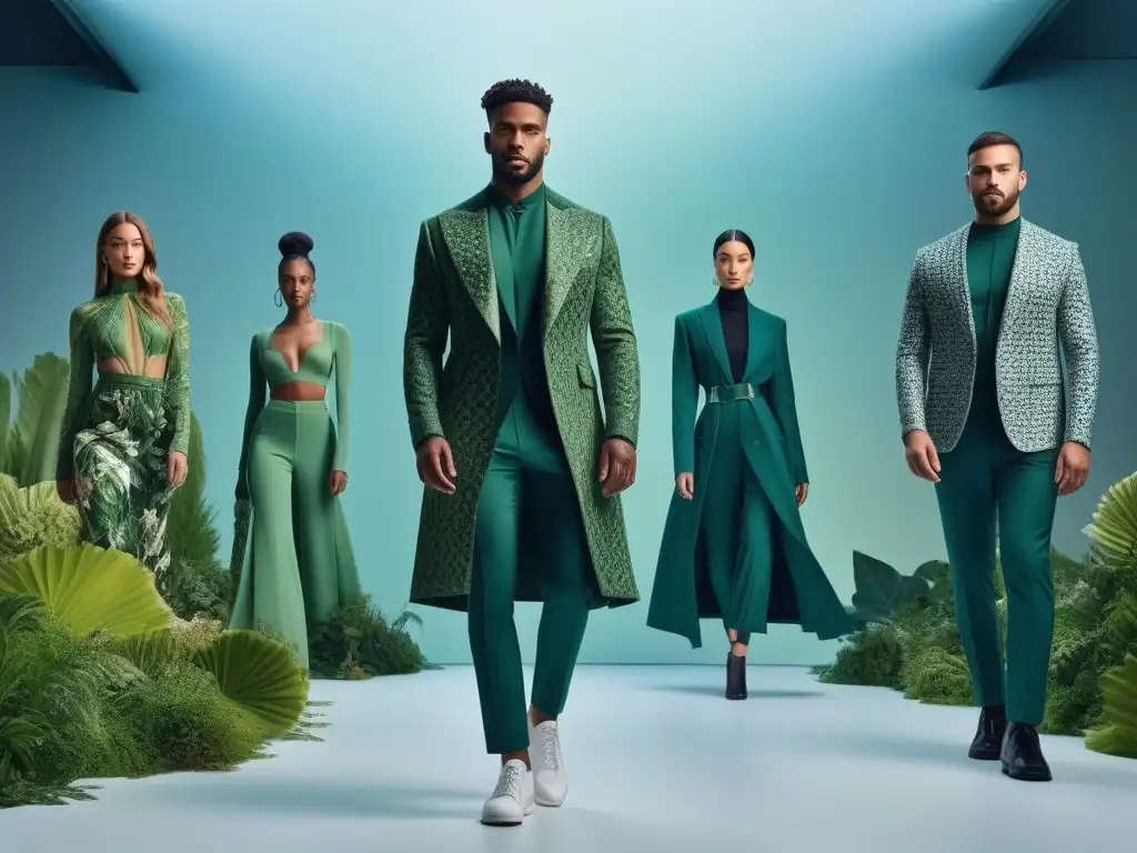 Moda sostenible: diversidad y estilo en entorno futurista Un desfile vibrante de moda sostenible para todos cuerpos en entorno futurista