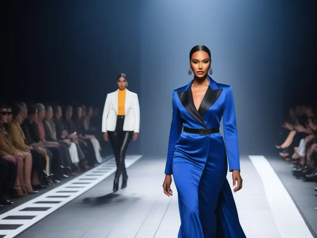 Desfile de moda inclusivo y empoderador con modelos diversos Desfiles inclusivos moda diversidad: Grupo diverso desfilando con estilo y confianza en una pasarela, celebrando la individualidad