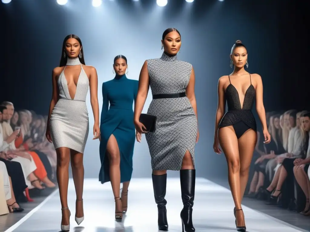 Desfile de moda inclusivo: Celebrando todas las alturas Desfiles de moda inclusivos para todas las alturas: modelos diversos desfilan con confianza y estilo en una pasarela vibrante