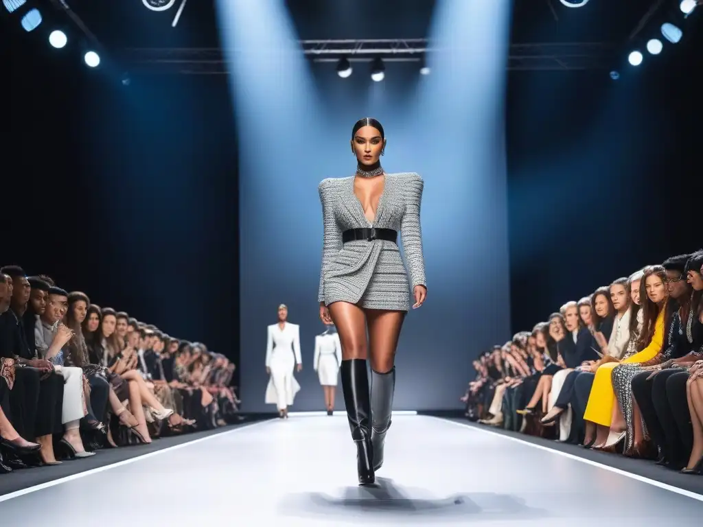 Desfile de moda inclusivo y vanguardista con modelos diversos Desfiles de moda inclusivos: Grupo diverso de modelos desfilando con empoderamiento y estilo en una pasarela futurista y moderna