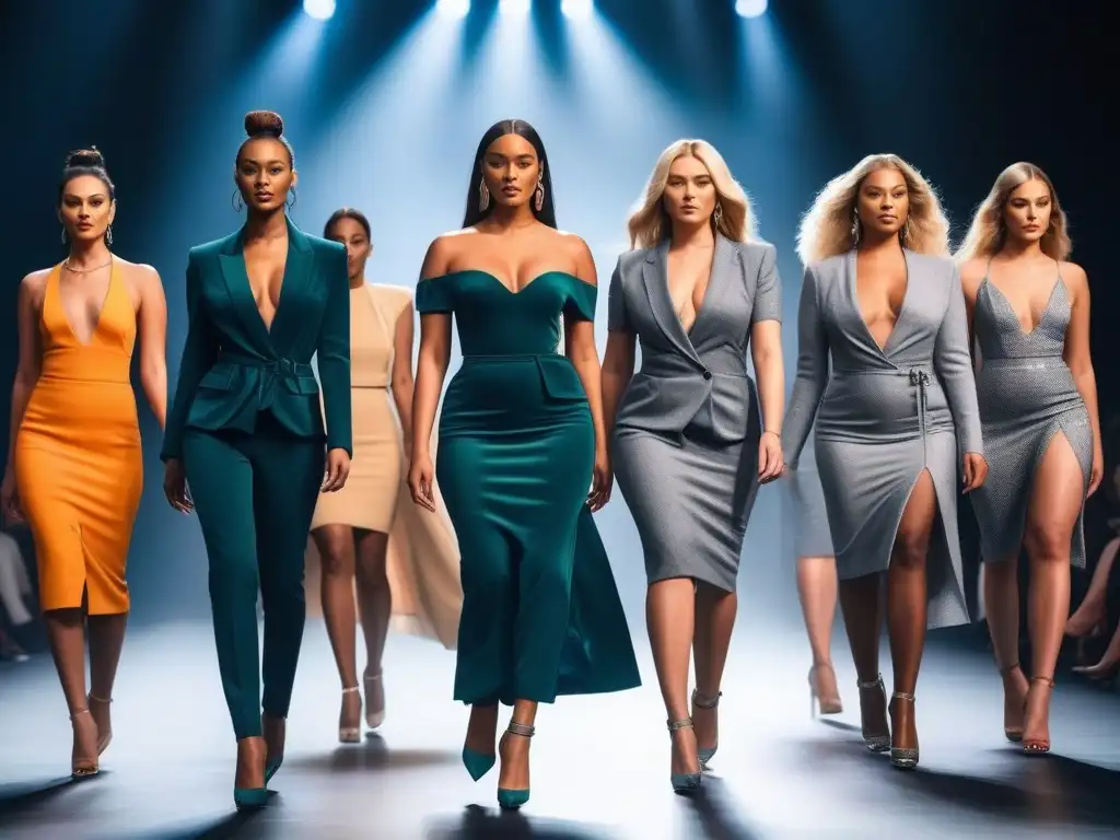 Desfile de moda inclusivo: modelos diversos desfilan con confianza Desfiles de moda inclusivos: Grupo diverso de modelos desfilando con confianza en una pasarela moderna y luminosa, destacando la diversidad en la moda