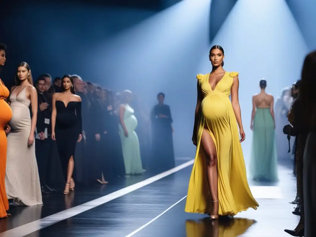 Desfile de moda: Embarazadas empoderadas desafían estándares de belleza Desfiles de moda inclusivos: Grupo diverso de modelos embarazadas desfilando con elegancia y empoderamiento en la pasarela