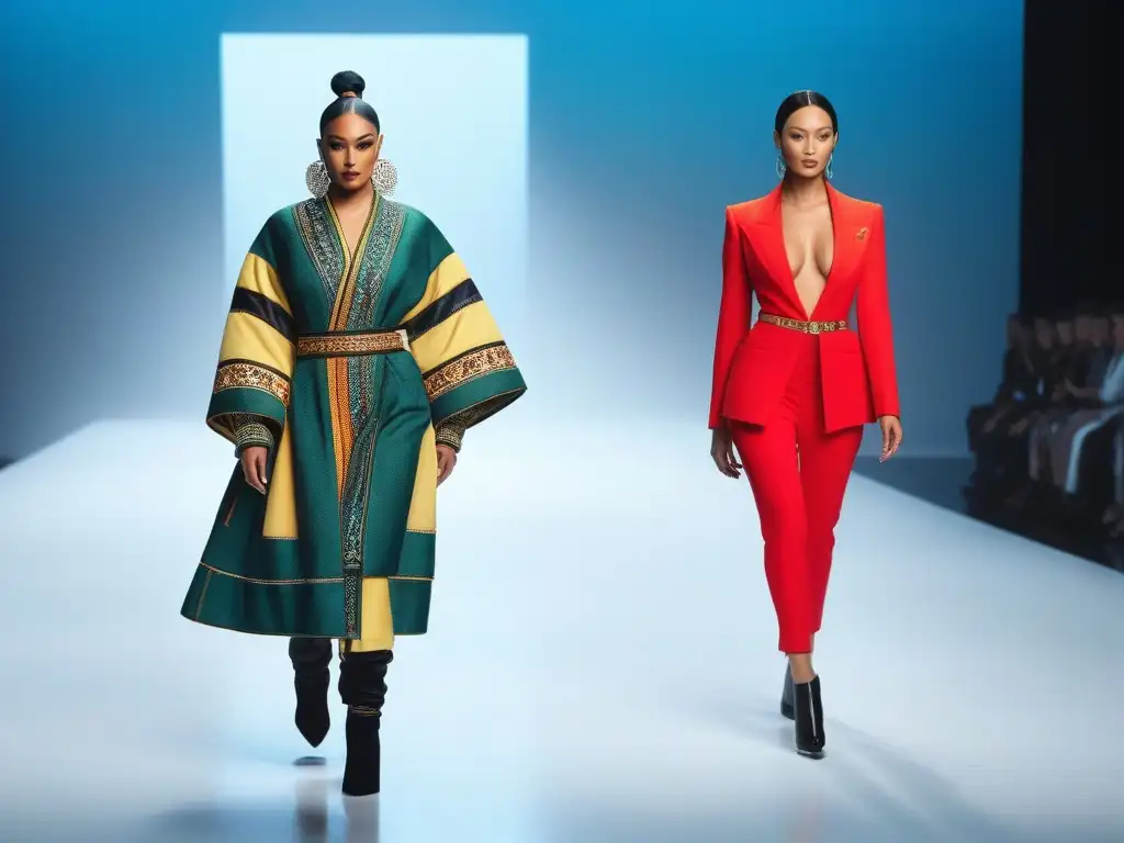 Desfile de moda diverso y empoderador Desfiles de moda inclusivos: Grupo diverso desfilando con confianza en pasarela moderna y colorida