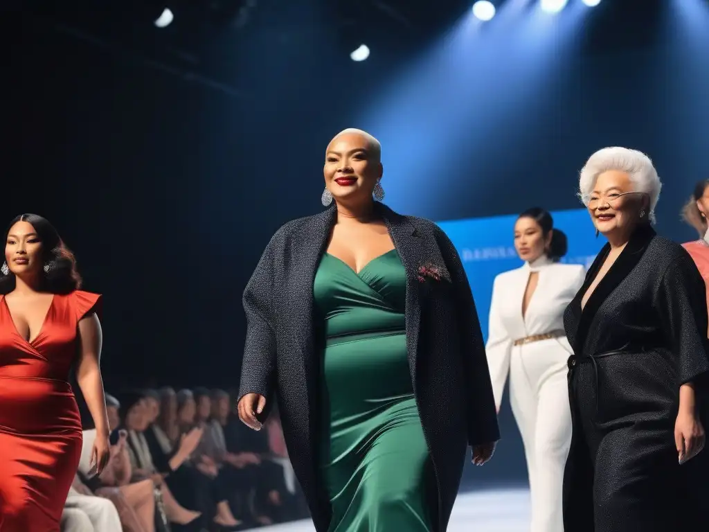 Desfile de moda inclusivo: diversidad y empoderamiento en la pasarela Desfiles de moda inclusivos: Grupo diverso desfila con confianza en ropa inclusiva mientras público aplaude diversidad