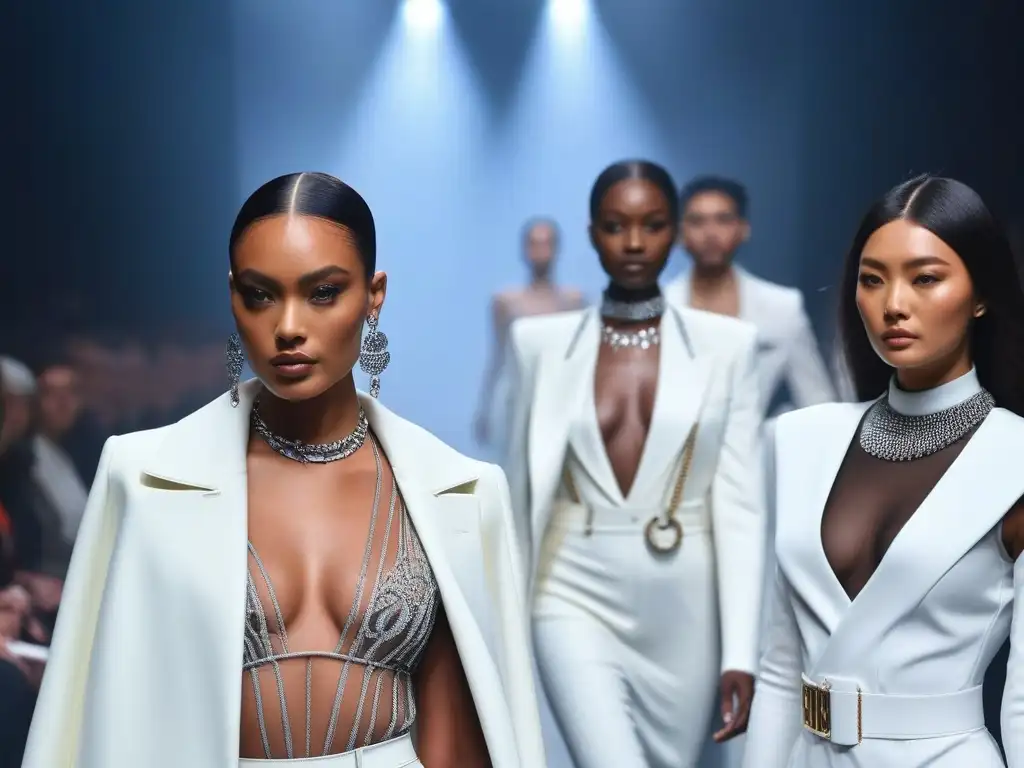 Desfile inclusivo de moda de lujo: diversidad y empoderamiento Desfiles de moda inclusivos de lujo: Grupo diverso de modelos desfilando con seguridad en una pasarela de diseño vanguardista