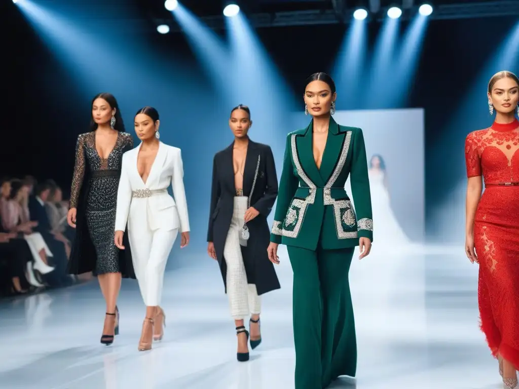 Diversidad y elegancia en la pasarela de moda de lujo Desfiles de moda inclusivos de lujo: Grupo diverso de modelos desfilando con confianza en una pasarela elegante y moderna