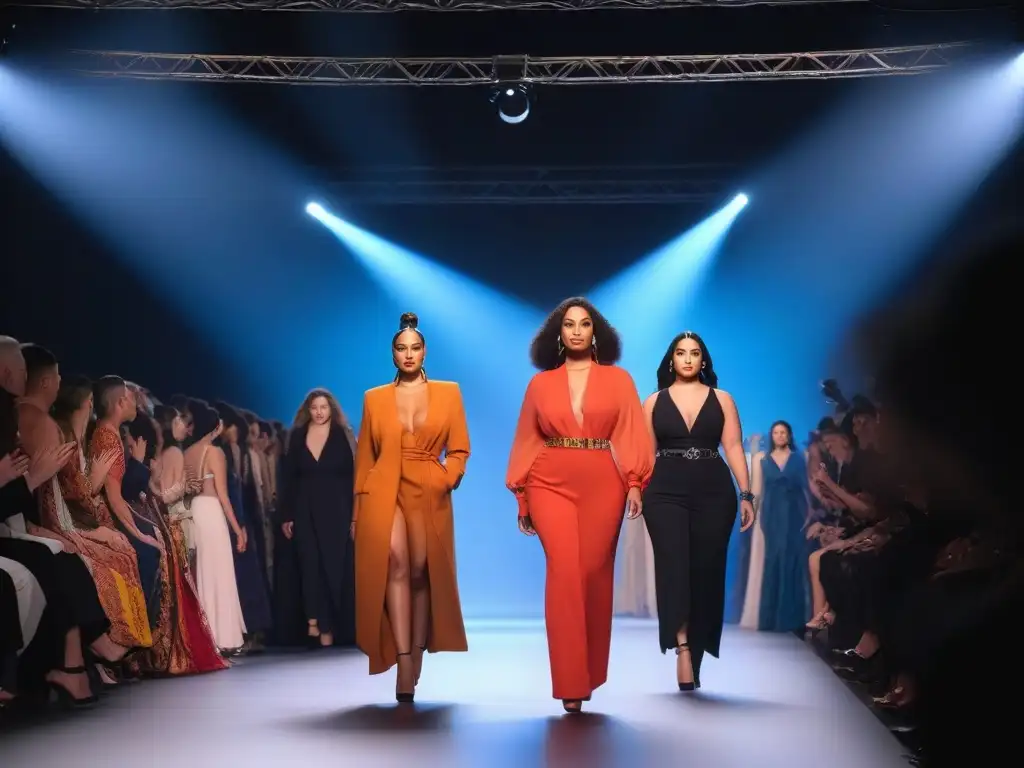Desfile de moda inclusivo y empoderador Desfiles de moda inclusivos: Modelos diversos desfilan con confianza en la pasarela, luciendo prendas modernas y estilosas