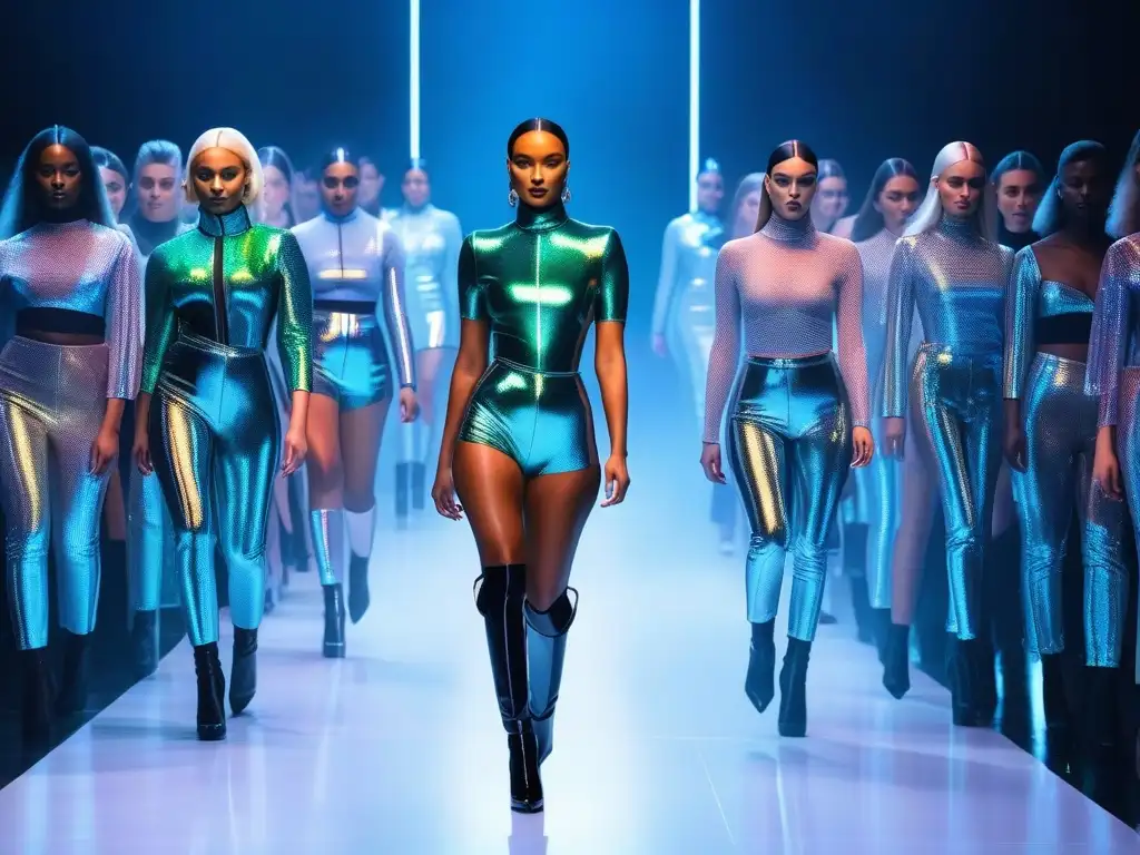 Desfile inclusivo y futurista celebra diversidad en la moda Desfiles de moda inclusivos: Modelos diversos desfilan con confianza en una pasarela futurista con luces holográficas