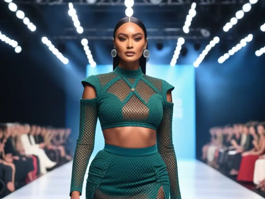 Moda inclusiva: desfile de modelos diversos rompiendo barreras Desfiles de moda inclusivos: Modelos diversos desfilan con confianza en una pasarela futurista, rompiendo barreras en la industria
