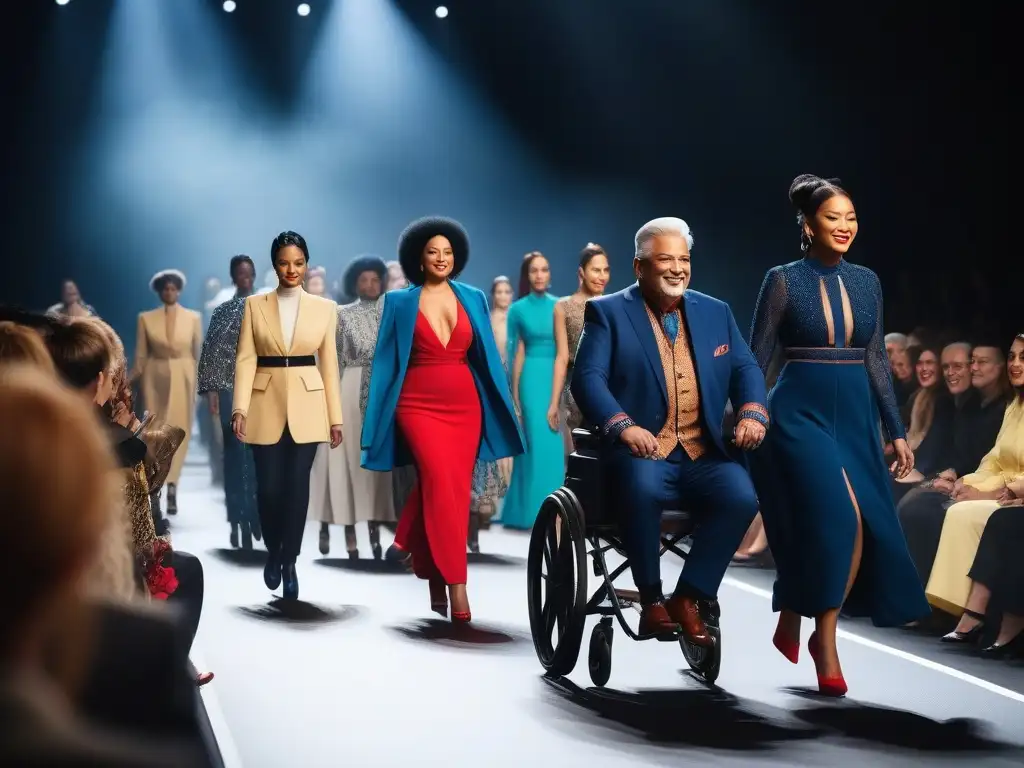 Desfile de moda inclusivo: diversidad en la pasarela Desfiles de moda inclusivos con modelos diversos desfilando en una pasarela, público entusiasta aplaudiendo