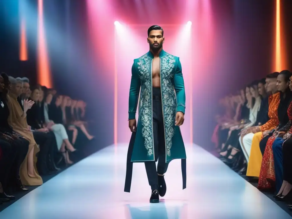 Desfile de moda inclusivo con modelos de diversas culturas y estilos Desfiles de moda inclusivos: modelos diversos desfilan con confianza en una pasarela colorida y moderna