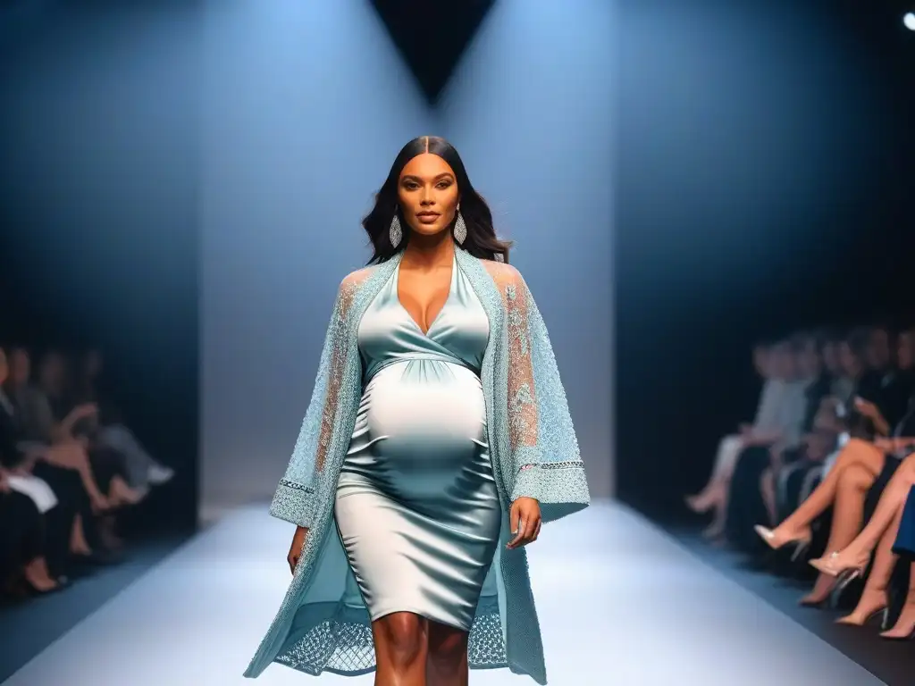 Desfile de moda: Maternidad inclusiva y empoderada Desfiles de moda maternidad inclusivos: Modelos embarazadas desfilan con confianza en una pasarela, luciendo atuendos elegantes y únicos