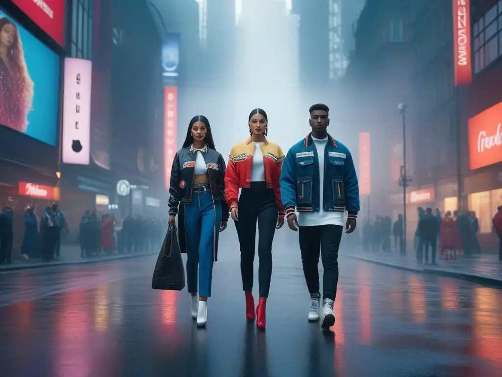 Jóvenes urbanos: moda diversa en ciudad futurista Deslumbrante arte digital de niños diversos y a la moda en una ciudad futurista, fusionando redes sociales y moda infantil