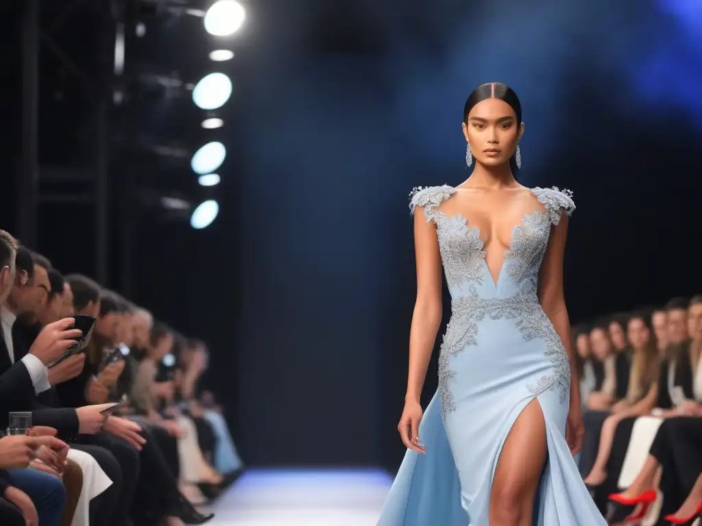 Desfile de alta costura: modelo petite deslumbra en pasarela Deslumbrante colaboración de marcas petite alta costura en la pasarela
