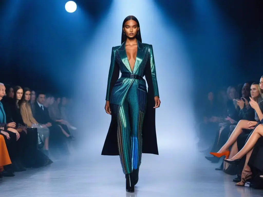 Desfile de moda ecofuturista: diseño sostenible y vanguardia LED Deslumbrante desfile de moda ecoconsciente con diseños innovadores y materiales reciclados, iluminado con luces LED coloridas
