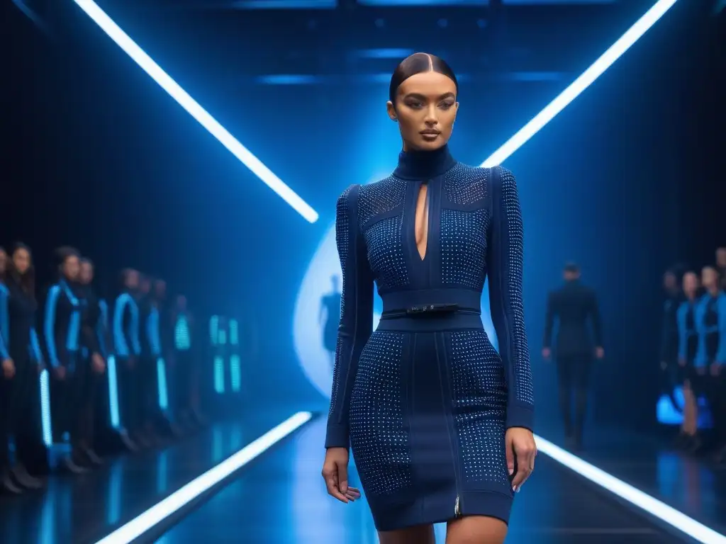 Desfile futurista con moda adaptable y hologramas Deslumbrante desfile de moda futurista con prendas adaptativas de alta tecnología y proyecciones holográficas, tendencias predicciones