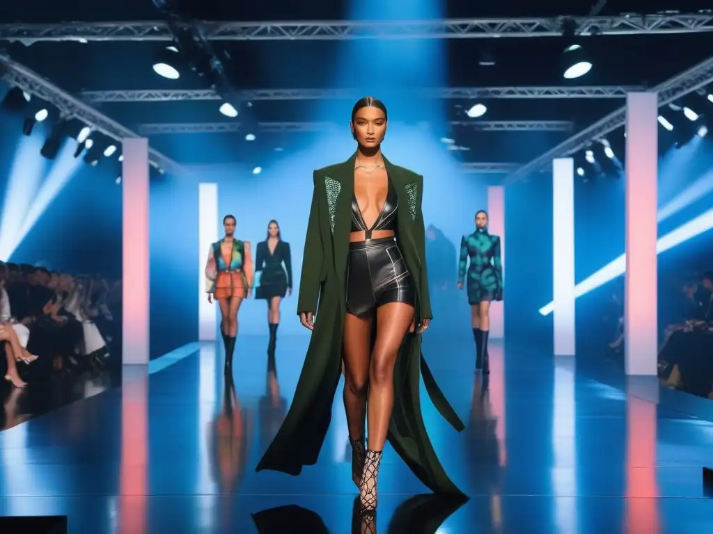 Desfile futurista: moda 3D impresa en pasarela de neón Deslumbrante desfile de moda futurista con diseño de moda personalizado 3D