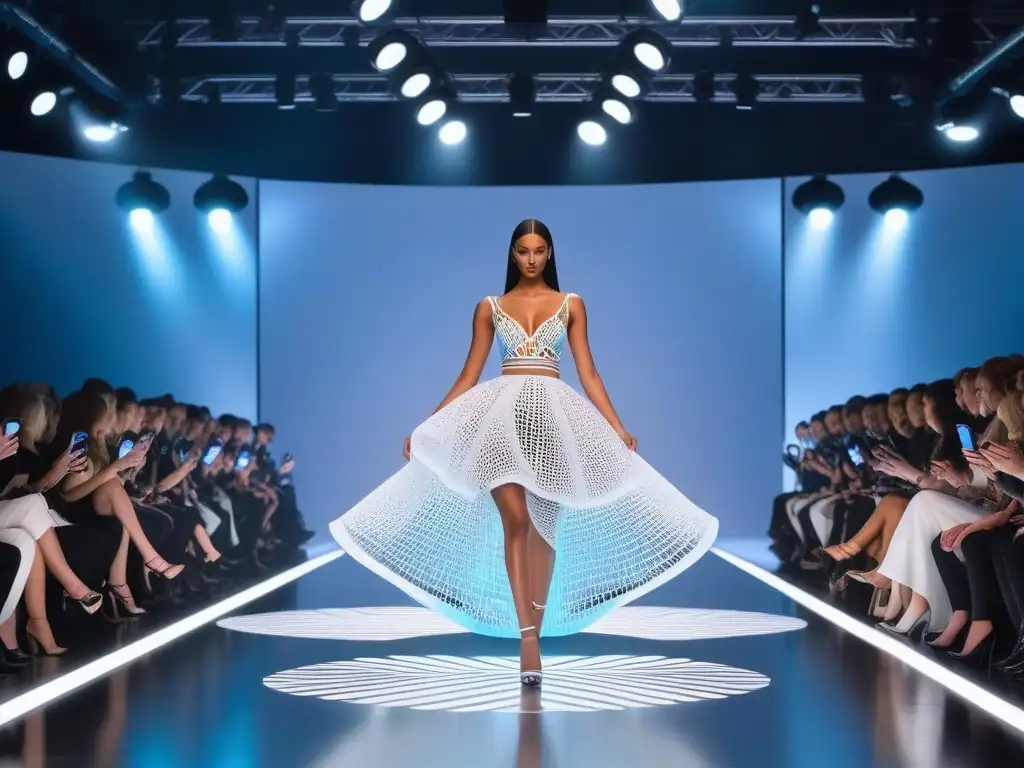 Pasarela Futurista: Moda 3D de Vanguardia Deslumbrante desfile de moda futurista con modelos diversos luciendo prendas 3D