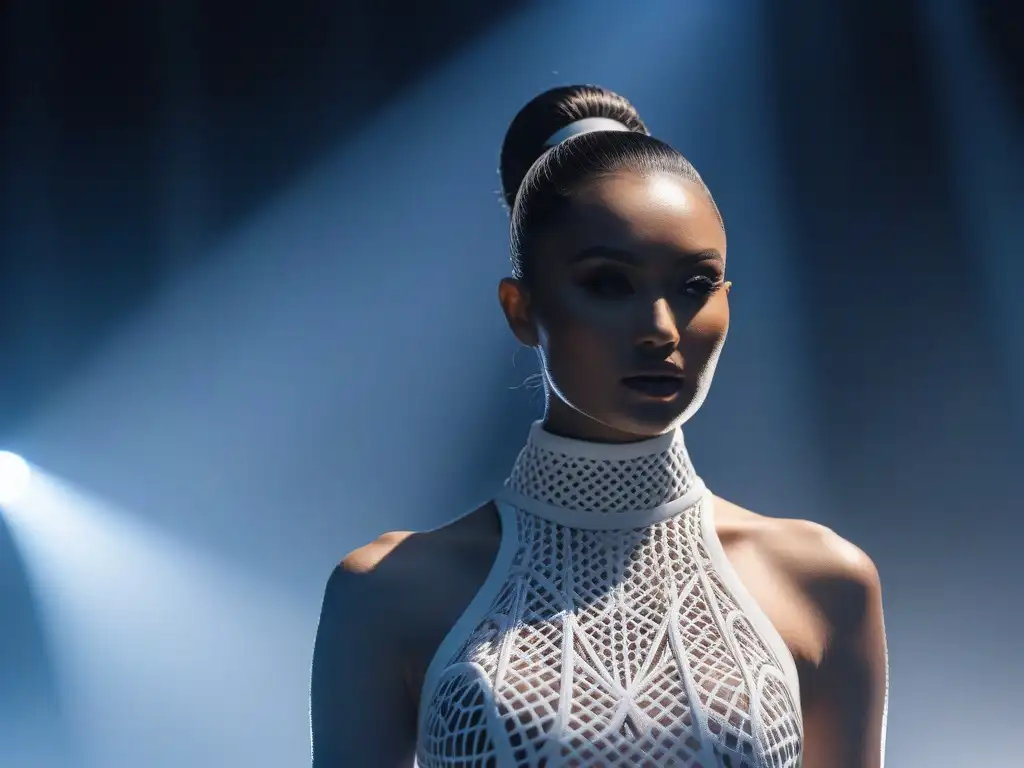 Deslumbrante desfile de moda futurista con modelos y tejidos 3D innovadores, en un ambiente de inclusividad