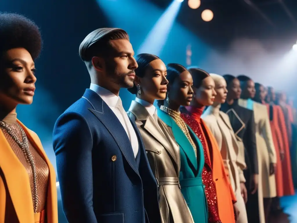 Desfile de moda: diseñadores influyentes unidos por la diversidad de género Deslumbrante desfile de moda sin género: Diseñadores líderes presentando colección innovadora en pasarela luminosa