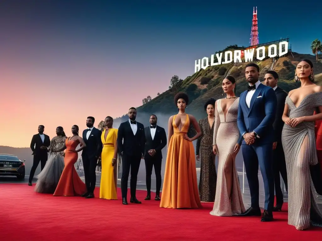 Desfile de diversidad y estilo en la alfombra roja de Hollywood Deslumbrante desfile de moda inclusiva en la industria en una alfombra roja de Hollywood al atardecer