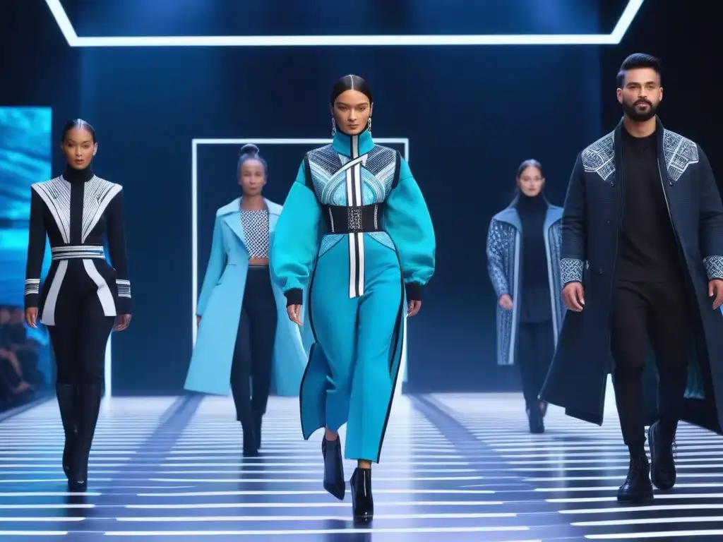 Desfile futurista de moda infantil: fusión de tradición y tecnología Deslumbrante desfile de moda infantil en la era digital, niños felices lucen diseños vanguardistas en pasarela holográfica