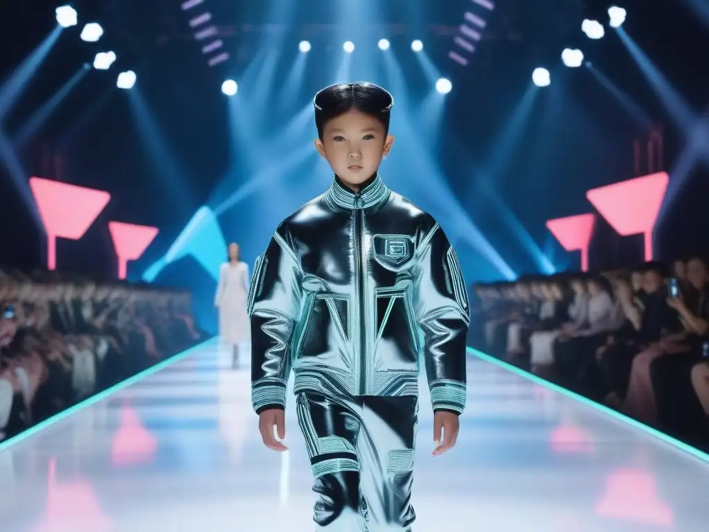 Pasarela infantil futurista: moda tecnológica 8k Deslumbrante desfile de moda infantil fusionando tecnología y estilo con innovaciones tecnológicas en moda infantil