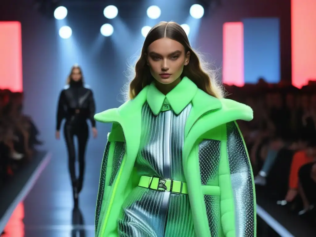 Desfile infantil futurista: moda innovadora y tecnológica en la pasarela Deslumbrante desfile de moda infantil futurista con tendencias predicciones en la pasarela bajo luces de neón brillantes
