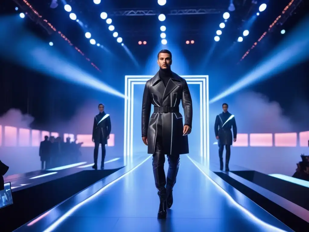 Desfile futurista con moda LED: espectáculo de luces y tecnología Deslumbrante desfile de moda con ropa con tecnología LED para eventos, modelos y audiencia hipnotizados por los destellos de luz